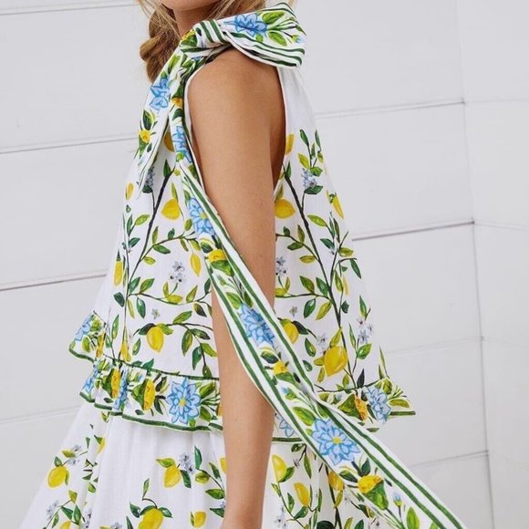 Binny Lemon Mini Dress Fruit Floral Tiered They Call Me Limoncello Capri L - Picture 3 of 16